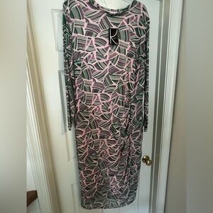 Kasper Long Sleeve Dress in Pink and Green Pattern